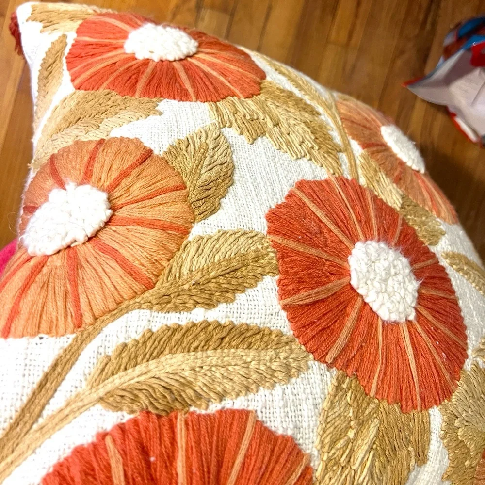 Crewel Terracotta Stunning Embroidery Pillow,Sun-Coral, Boho,l Cushion, Size 18”